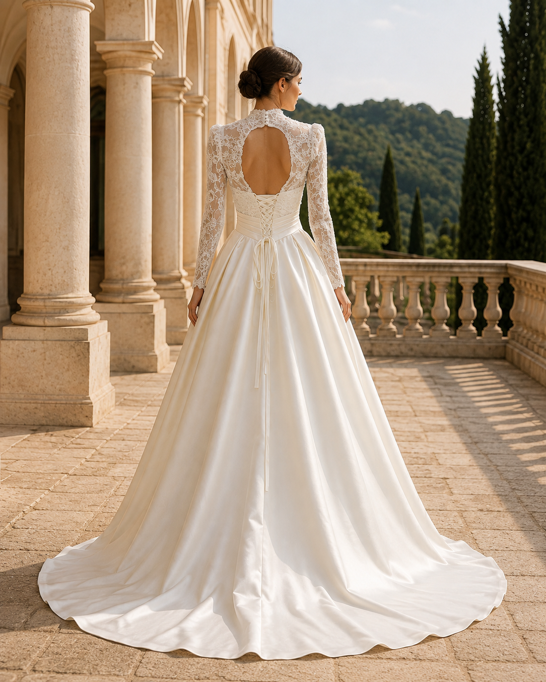MANT High-Collar Long-Sleeve Lace A-Line Wedding Dress