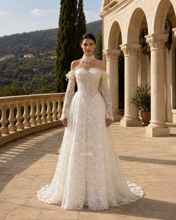 MANT Off-Shoulder Bead-Drape Lace A-Line Wedding Dress