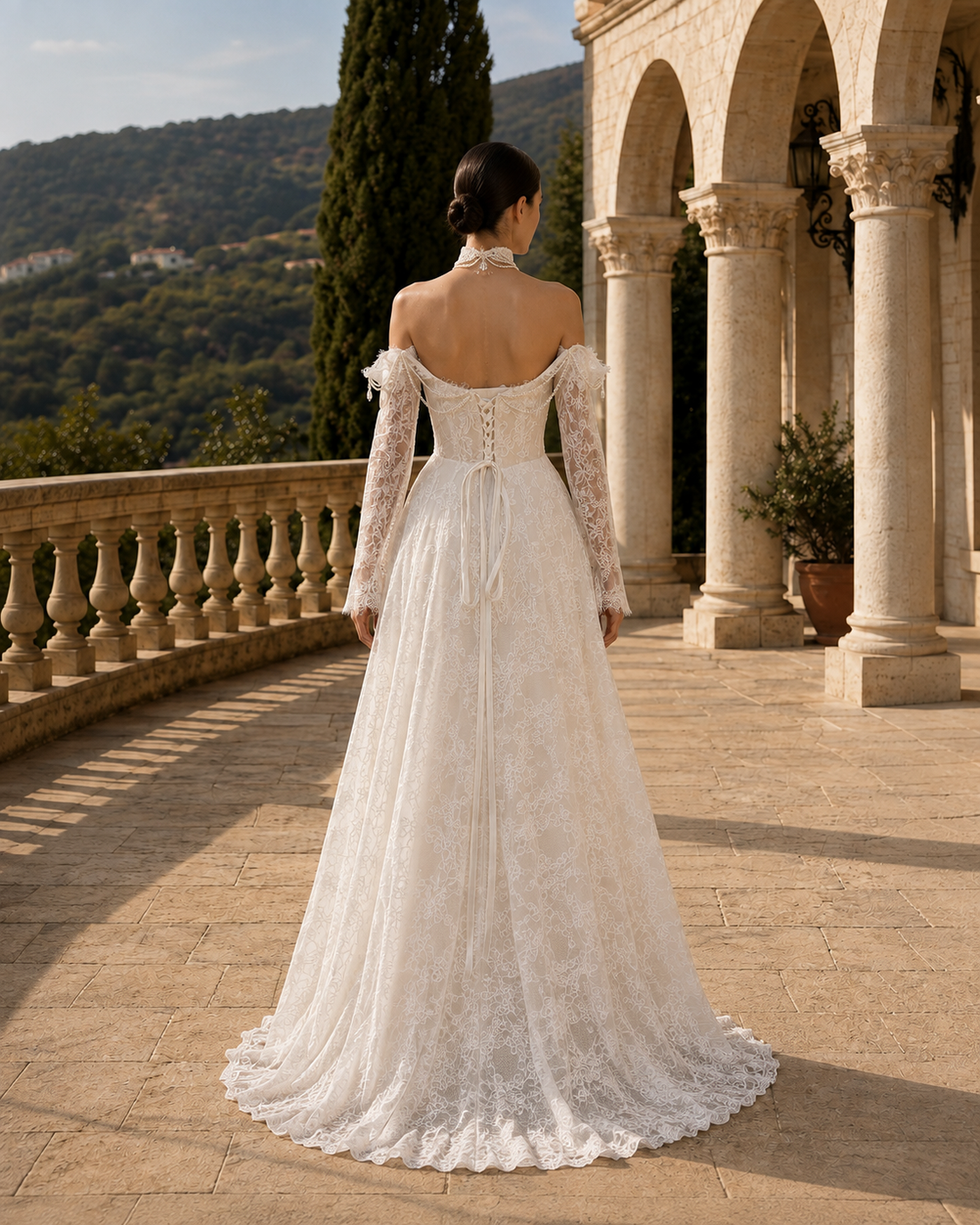 MANT Off-Shoulder Bead-Drape Lace A-Line Wedding Dress