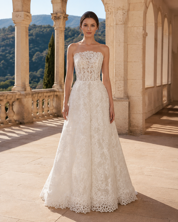 MANT Strapless Floral Lace Scalloped-Hem A-Line Wedding Dress