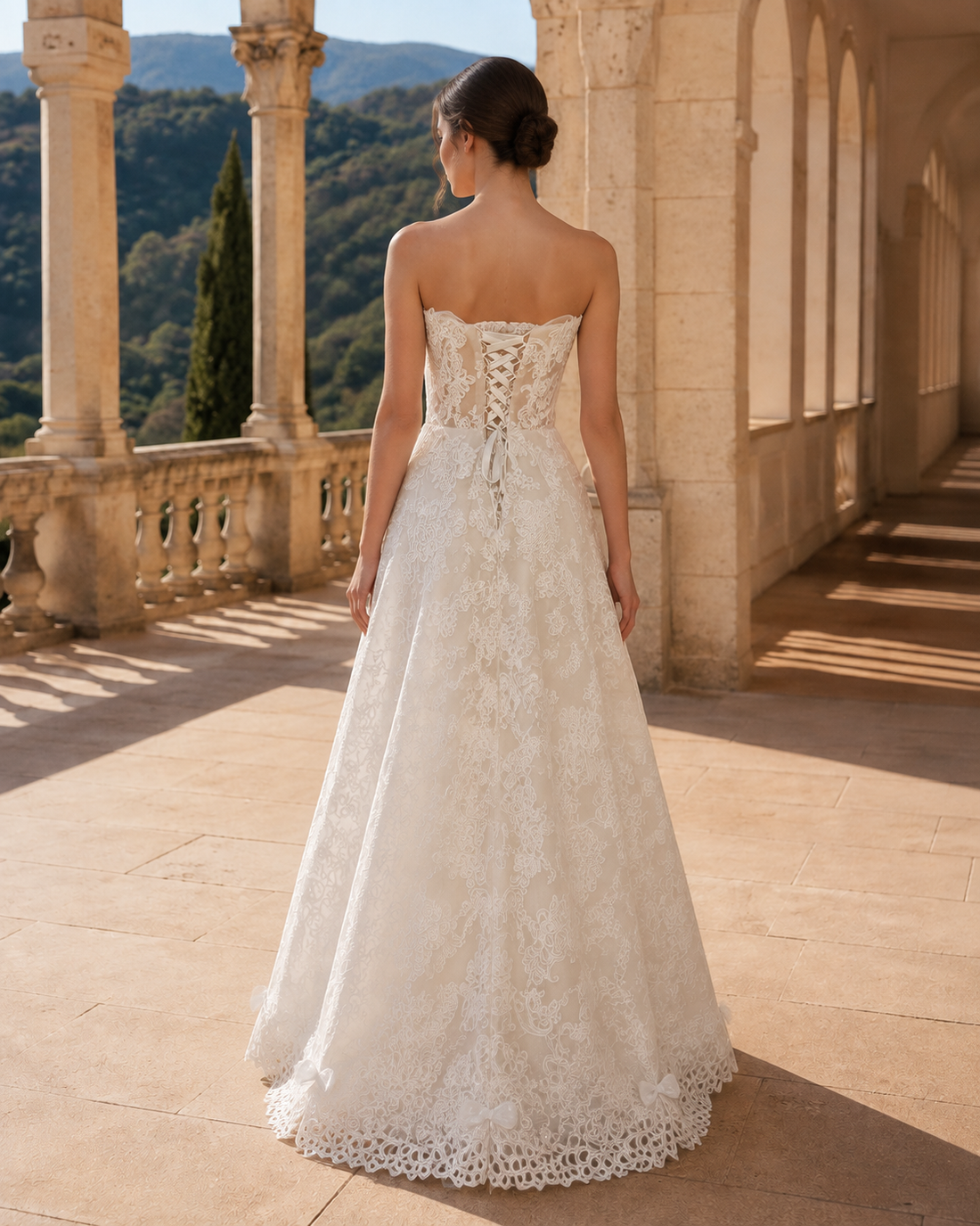 MANT Strapless Floral Lace Scalloped-Hem A-Line Wedding Dress