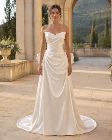 MANT Strapless Draped Satin-Look Back-Bow Column Wedding Dress
