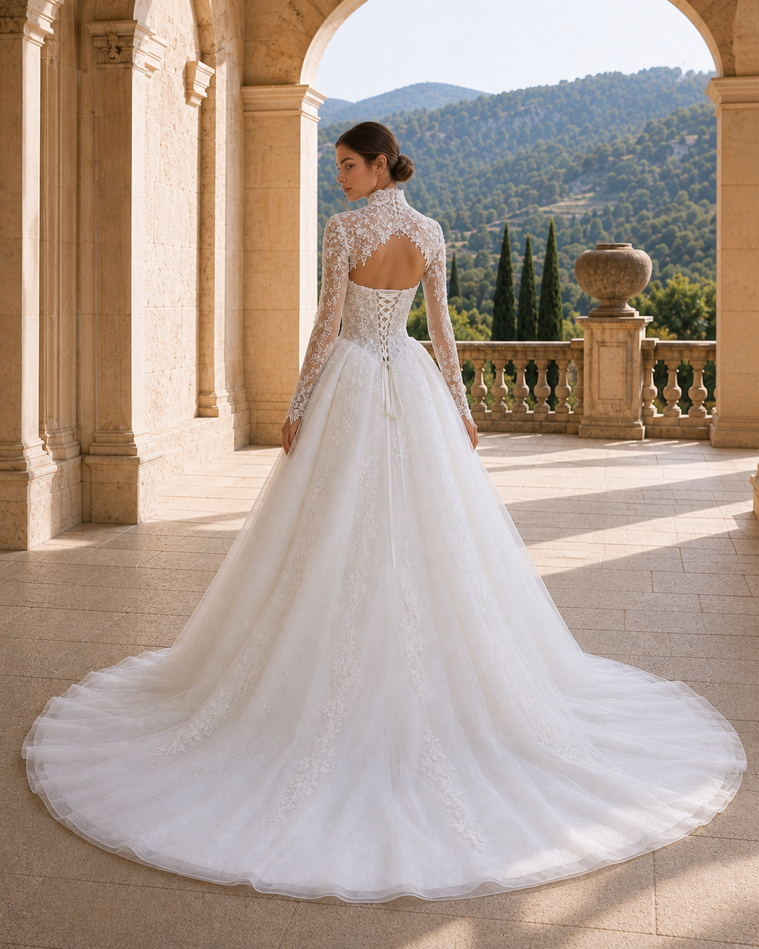 MANT High-Neck Floral Applique A-Line Wedding Dress