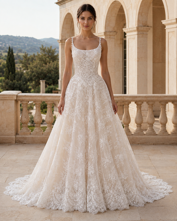 MANT Scoop-Neck Floral Lace A-Line Wedding Dress