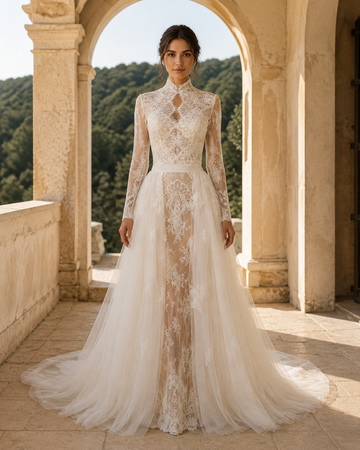 MANT High-Neck Long-Sleeve Lace with Overskirt Column Wedding Dress