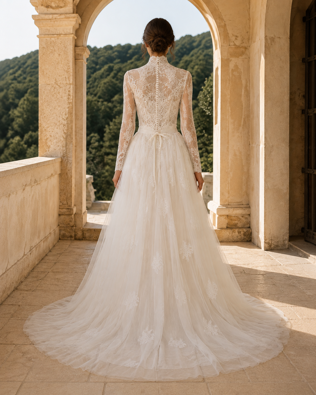 MANT High-Neck Long-Sleeve Lace with Overskirt Column Wedding Dress