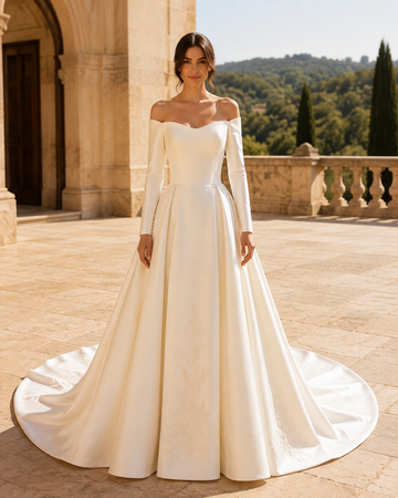 MANT Off-Shoulder Long-Sleeve Floral-Trim A-Line Wedding Dress