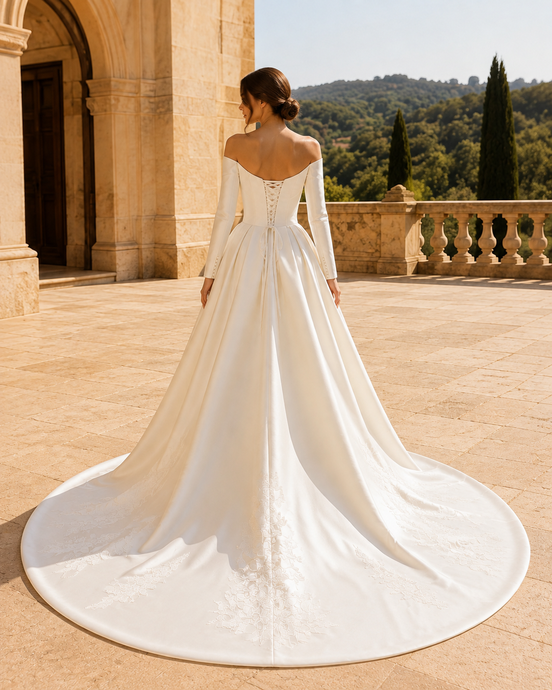 MANT Off-Shoulder Long-Sleeve Floral-Trim A-Line Wedding Dress