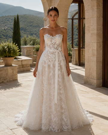 MANT Strapless Sweetheart Lace with Waist Bow A-Line Wedding Dress