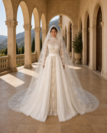 MANT High-Neck Long-Sleeve Floral-Lace A-Line Wedding Dress