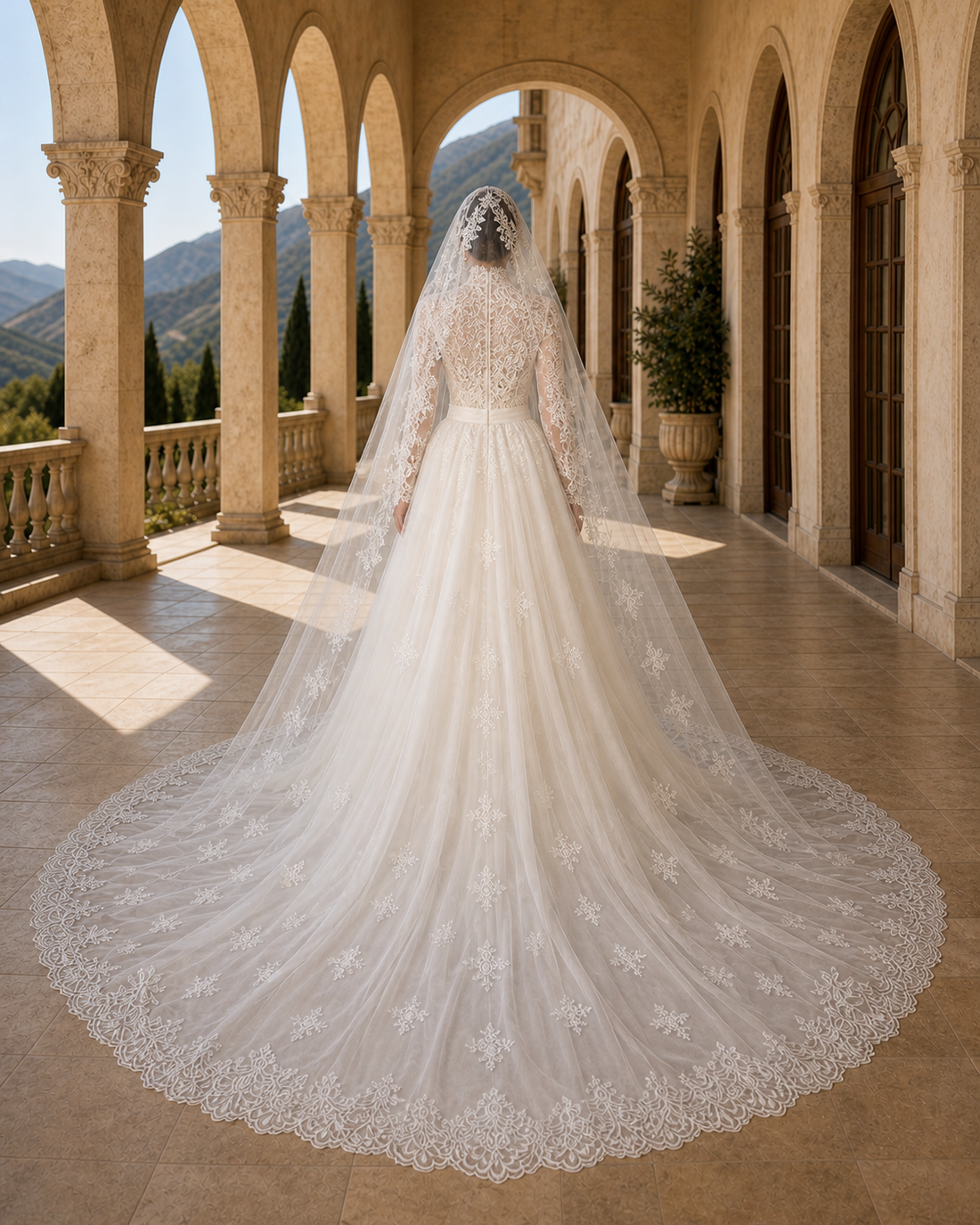 MANT High-Neck Long-Sleeve Floral-Lace A-Line Wedding Dress