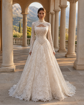 MANT Sculpted-Waist High-Neck Lace A-Line Wedding Dress