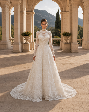 MANT Scalloped-Train High-Neck Lace A-Line Wedding Dress