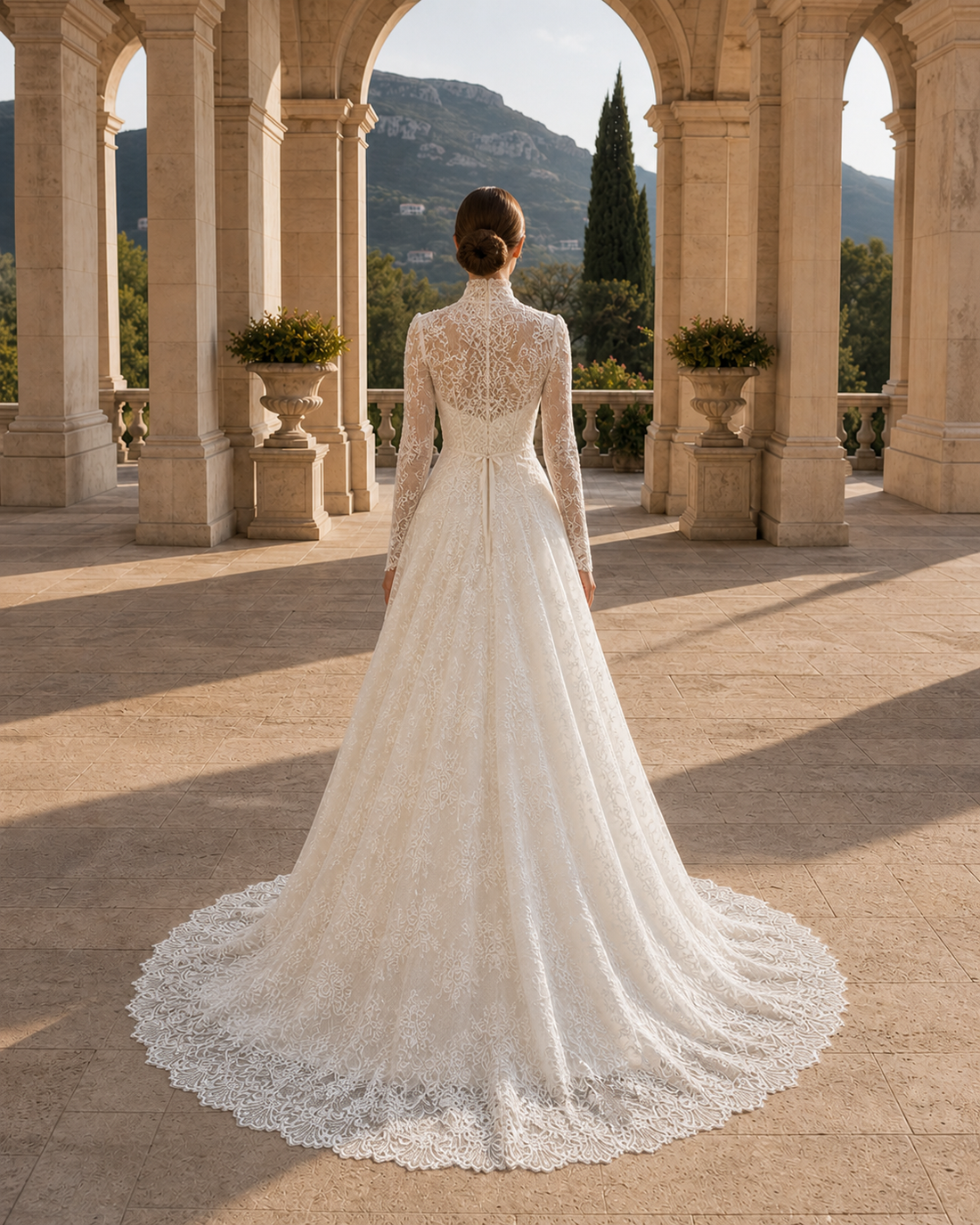 MANT Scalloped-Train High-Neck Lace A-Line Wedding Dress