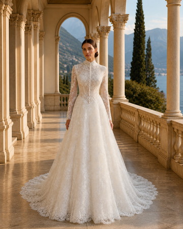 MANT Fitted-Waist High-Neck Lace A-Line Wedding Dress