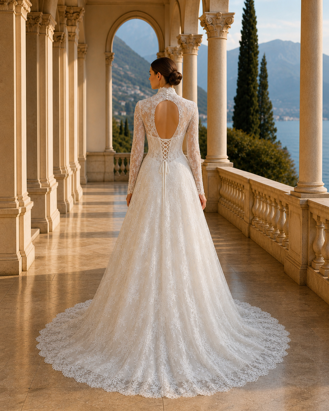 MANT Fitted-Waist High-Neck Lace A-Line Wedding Dress