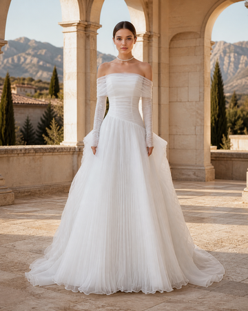 MANT High-Neck Cape Pleated A-Line Wedding Dress