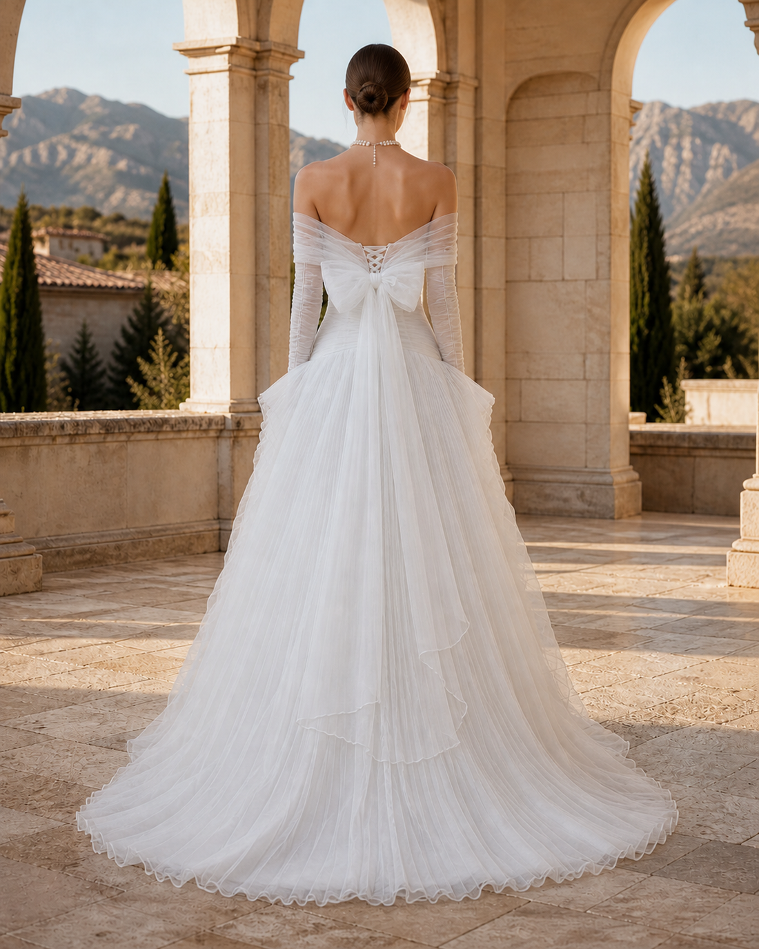 MANT High-Neck Cape Pleated A-Line Wedding Dress