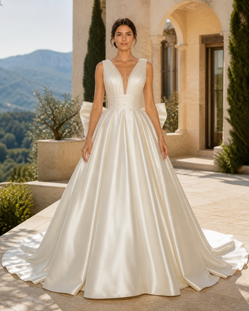 MANT Plunging V-Neck Back-Bow Satin A-Line Wedding Dress