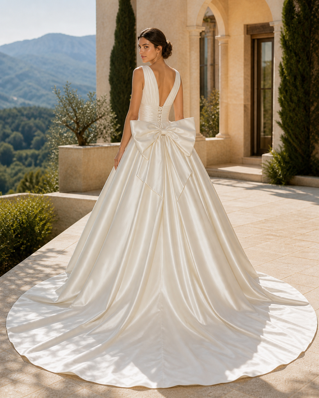 MANT Plunging V-Neck Back-Bow Satin A-Line Wedding Dress