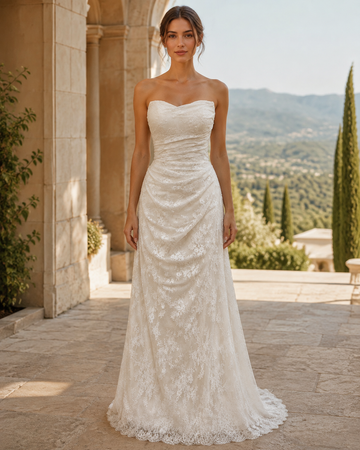 MANT Strapless Draped Lace Column Wedding Dress