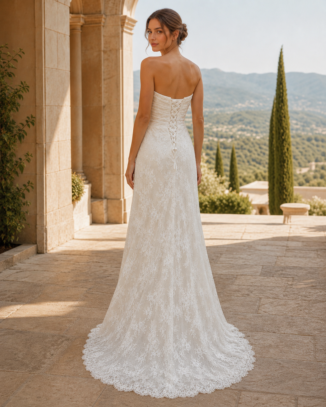 MANT Strapless Draped Lace Column Wedding Dress