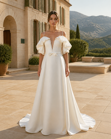 MANT Ruffle-Sleeve Plunging V-Neck A-Line Wedding Dress