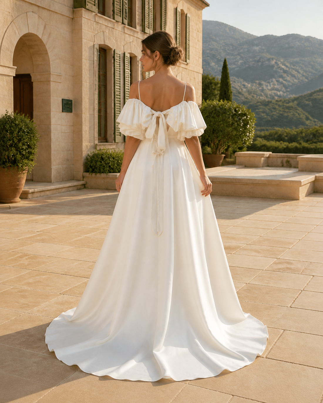MANT Ruffle-Sleeve Plunging V-Neck A-Line Wedding Dress