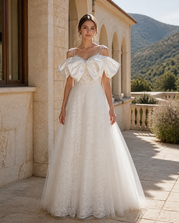MANT Bow-Bodice Puff-Sleeve A-Line Wedding Dress