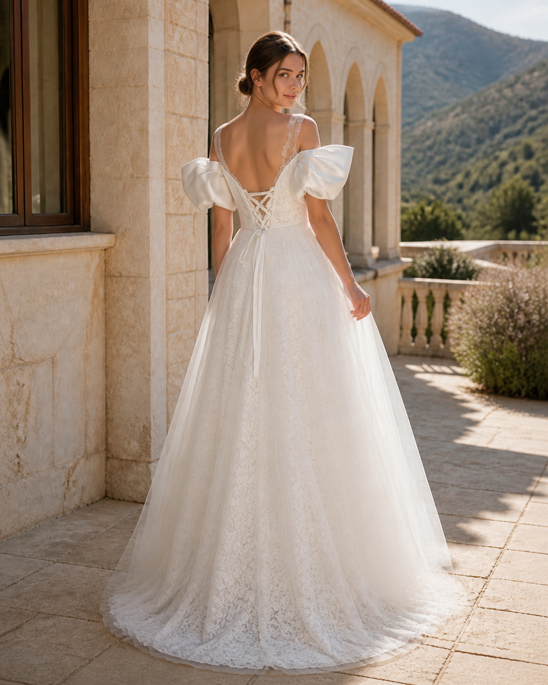 MANT Bow-Bodice Puff-Sleeve A-Line Wedding Dress