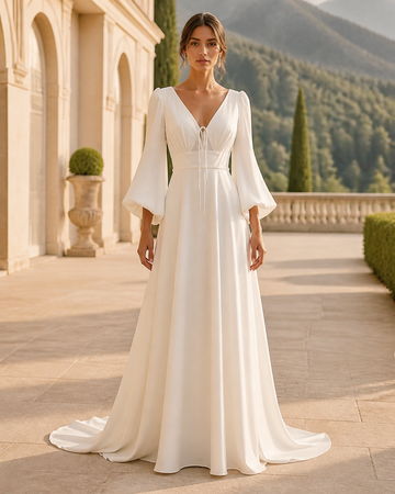 MANT Deep V-Neck Bell-Sleeve A-Line Wedding Dress