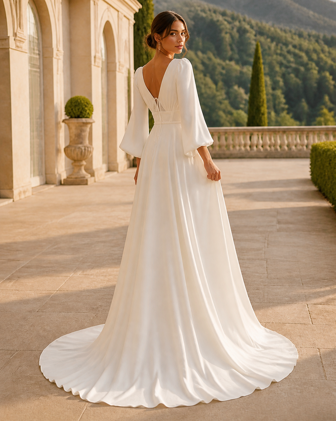 MANT Deep V-Neck Bell-Sleeve A-Line Wedding Dress