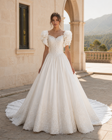 MANT Sweetheart Neckline Sculptural Puff Sleeves A-Line Wedding Dress