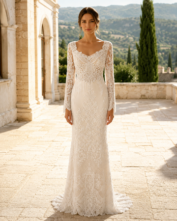 MANT V-Neck Long-Sleeve Ornate Lace Mermaid Wedding Dress