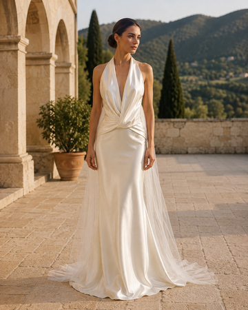 MANT Plunging Halter Satin-Look Column Wedding Dress