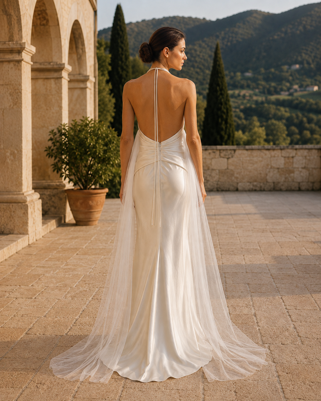MANT Plunging Halter Satin-Look Column Wedding Dress