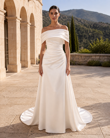 MANT Folded Off-Shoulder Satin-Look Column Wedding Dress