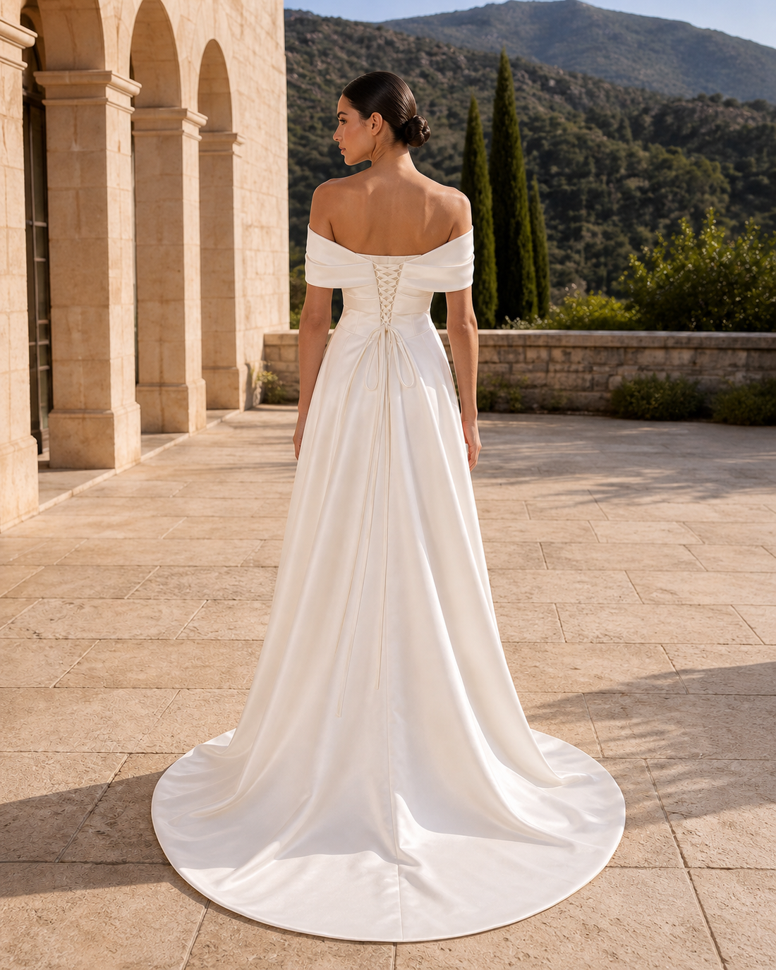 MANT Folded Off-Shoulder Satin-Look Column Wedding Dress