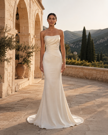 MANT Strapless Draped Satin-Look Column Wedding Dress