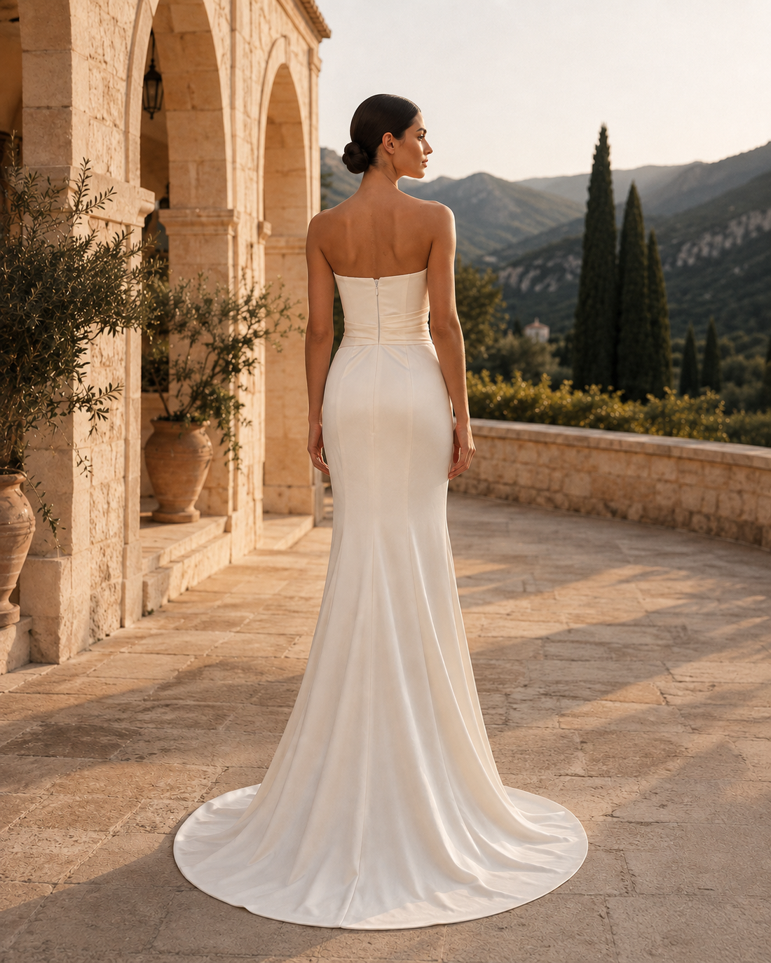 MANT Strapless Draped Satin-Look Column Wedding Dress