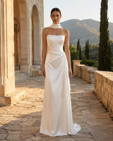 MANT Strapless Side-Draped Satin-Look Column Wedding Dress