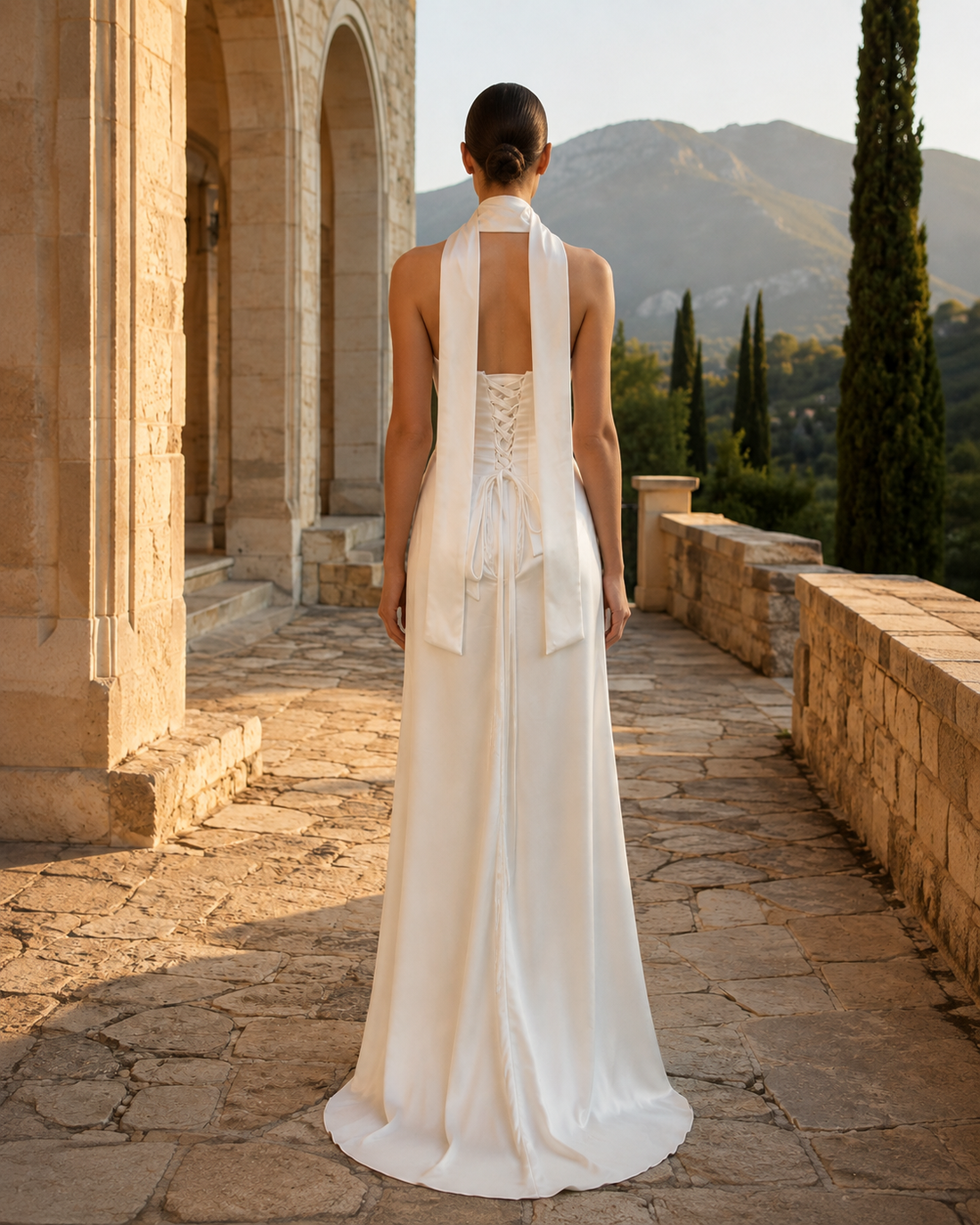 MANT Strapless Side-Draped Satin-Look Column Wedding Dress
