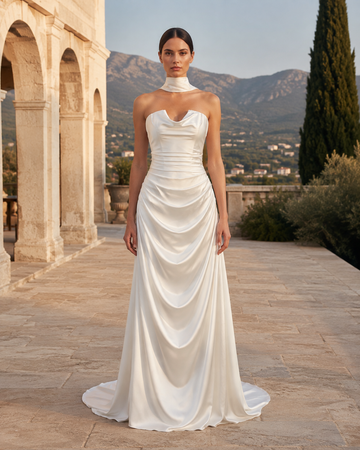 MANT Strapless Cowl-Draped Satin-Look Column Wedding Dress