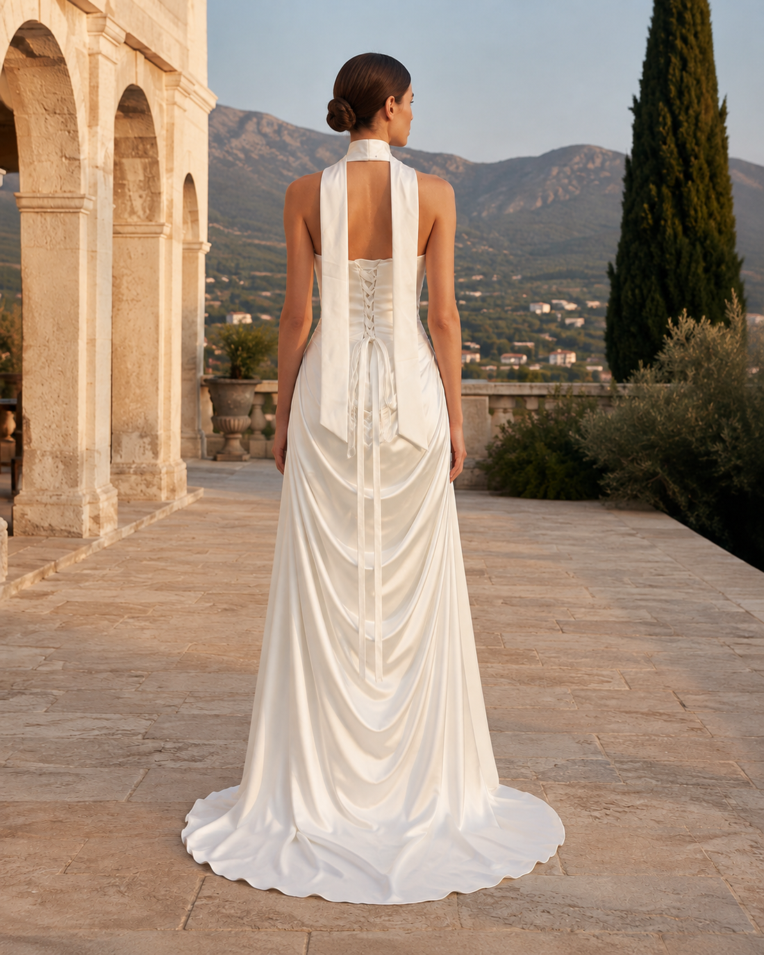 MANT Strapless Cowl-Draped Satin-Look Column Wedding Dress