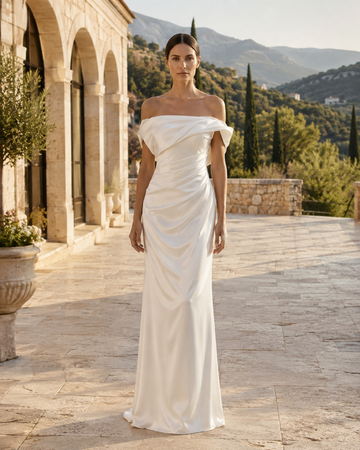 MANT Asymmetric Off-Shoulder Satin-Look Column Wedding Dress
