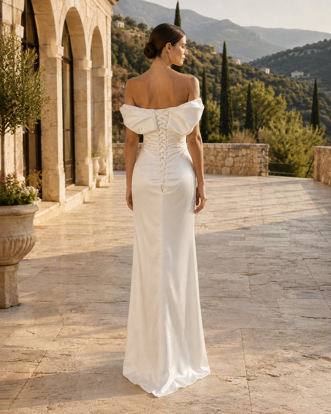MANT Asymmetric Off-Shoulder Satin-Look Column Wedding Dress
