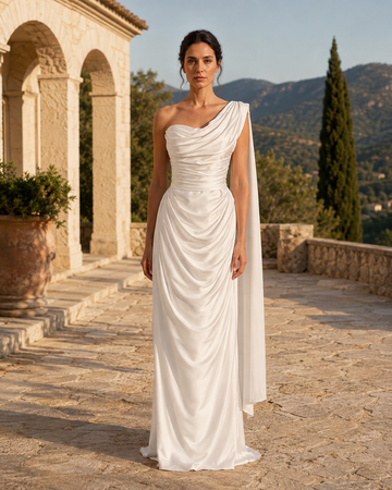 MANT One-Shoulder Draped Satin-Look Column Wedding Dress