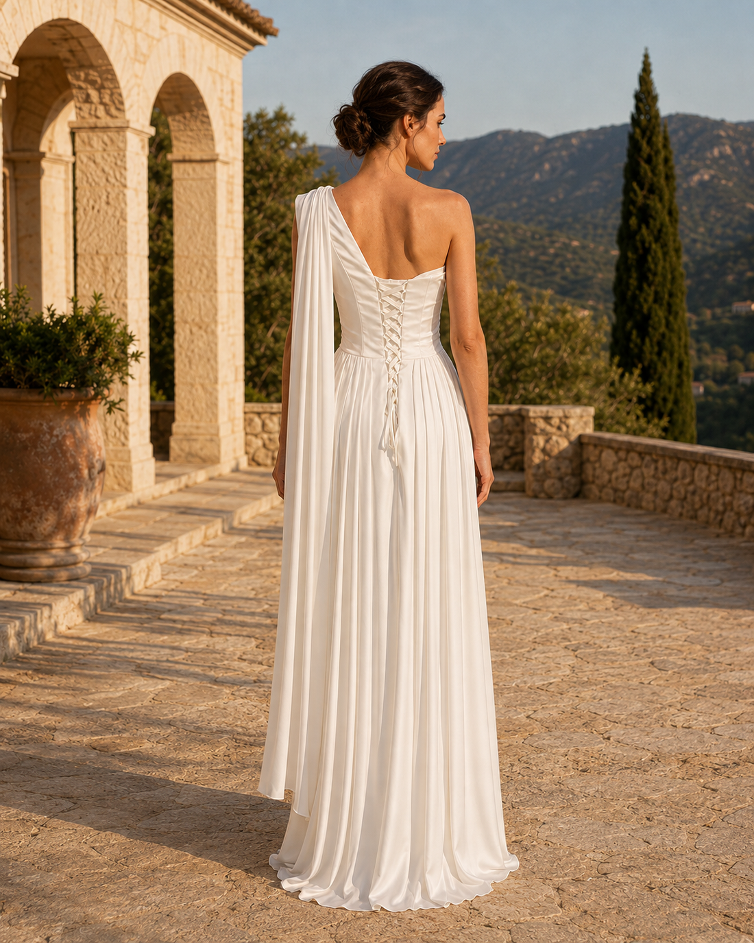 MANT One-Shoulder Draped Satin-Look Column Wedding Dress
