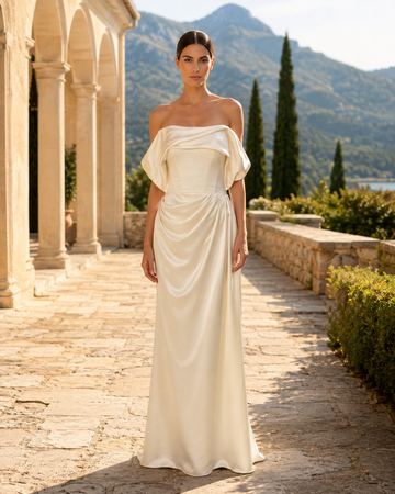 MANT Draped Off-Shoulder Satin-Look Column Wedding Dress