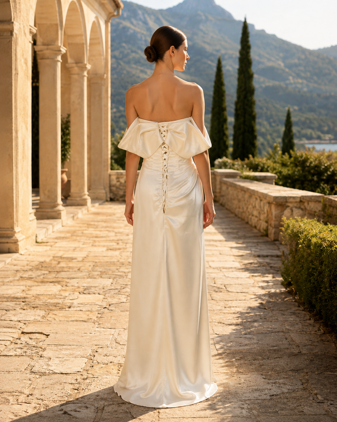 MANT Draped Off-Shoulder Satin-Look Column Wedding Dress